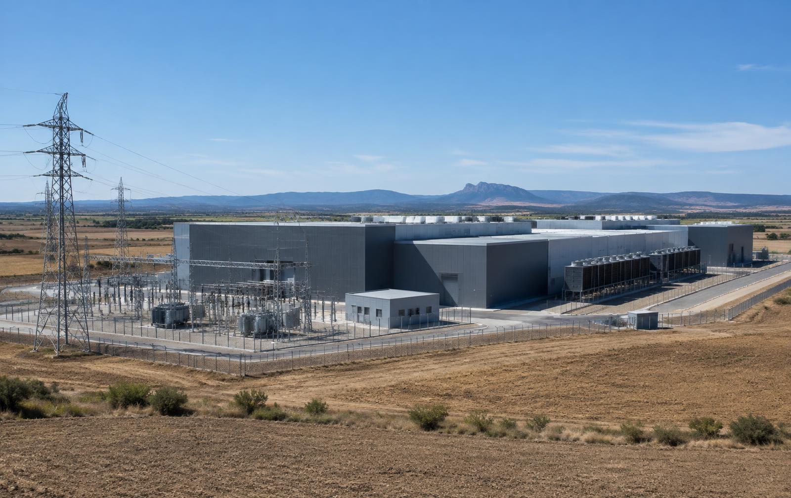Complejo de centros de datos con una subestación eléctrica en un paisaje agrícola seco