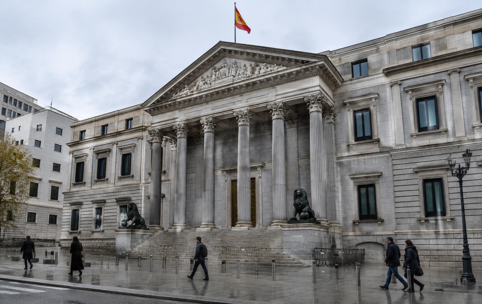 Fachada del Congreso de los Diputados en Madrid con sus columnas y leones de bronce
