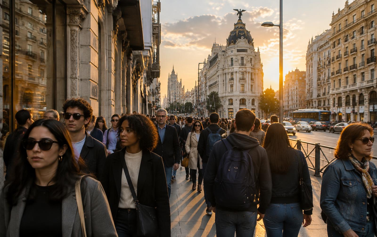 Multitud de personas caminando por una acera de la Gran Vía de Madrid al atardecer
