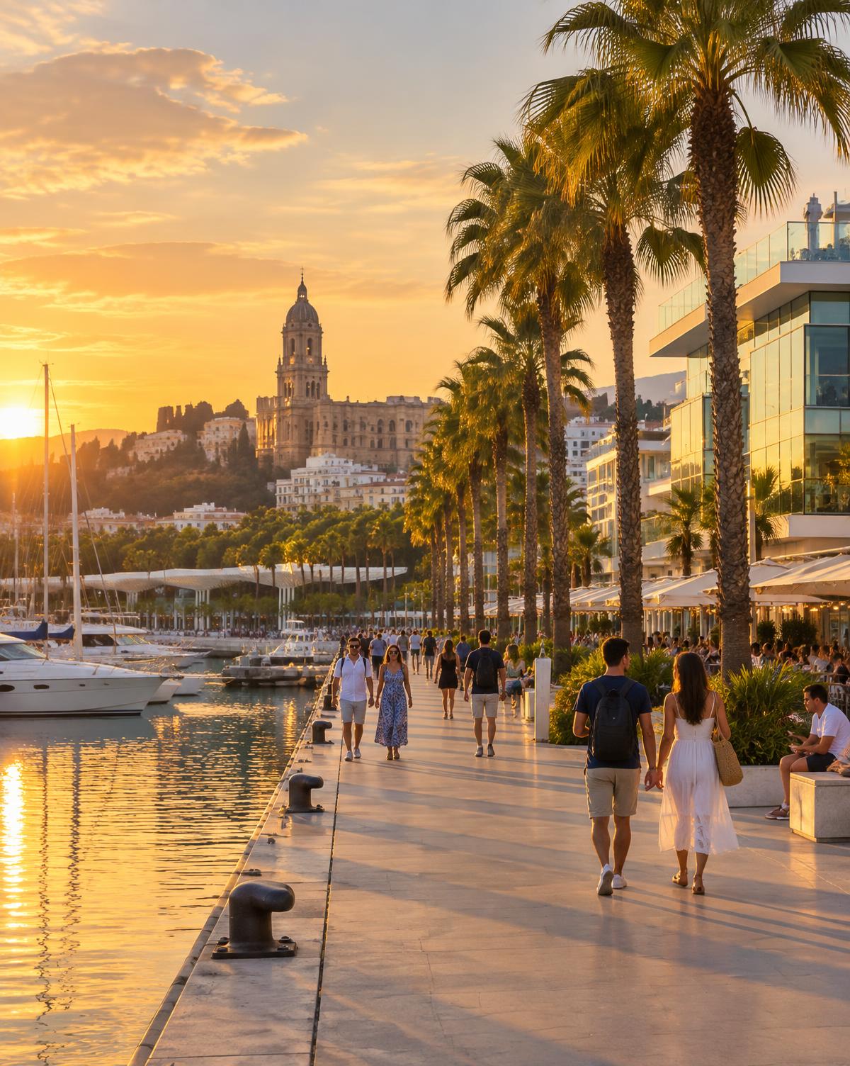 El paseo del Muelle Uno en el puerto de Málaga al atardecer, con la catedral al fondo