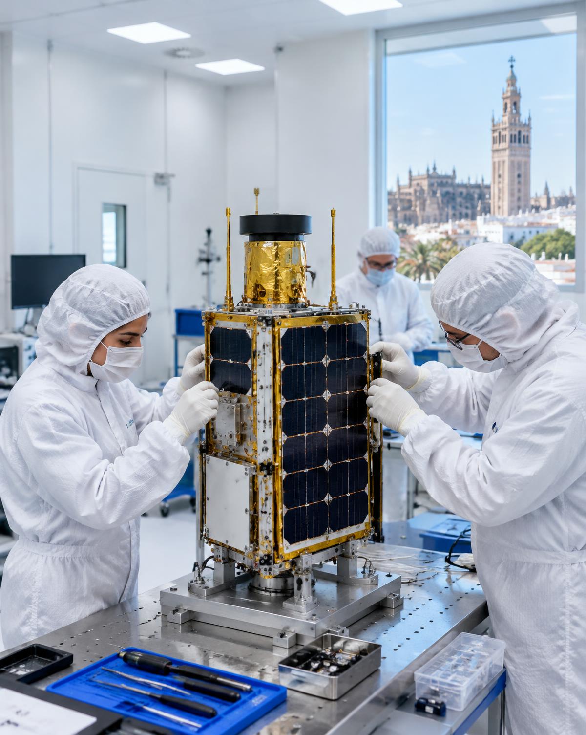 Ingenieros con trajes de sala limpia ensamblan un pequeño satélite en un laboratorio con vistas a Sevilla