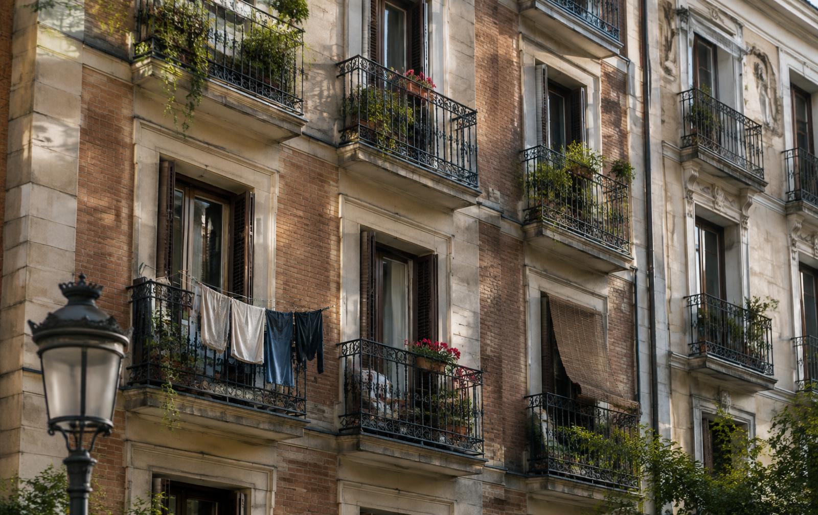 Fachada de un edificio residencial clásico con balcones de hierro forjado